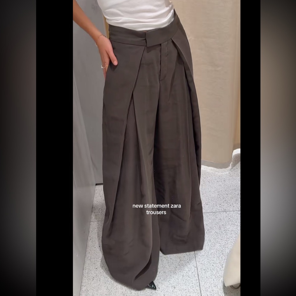 ZARA PLEATED WIDE LEG PANTS ZW COLLECTION BROWN TAUPE SMALL - Picture 5 of 10